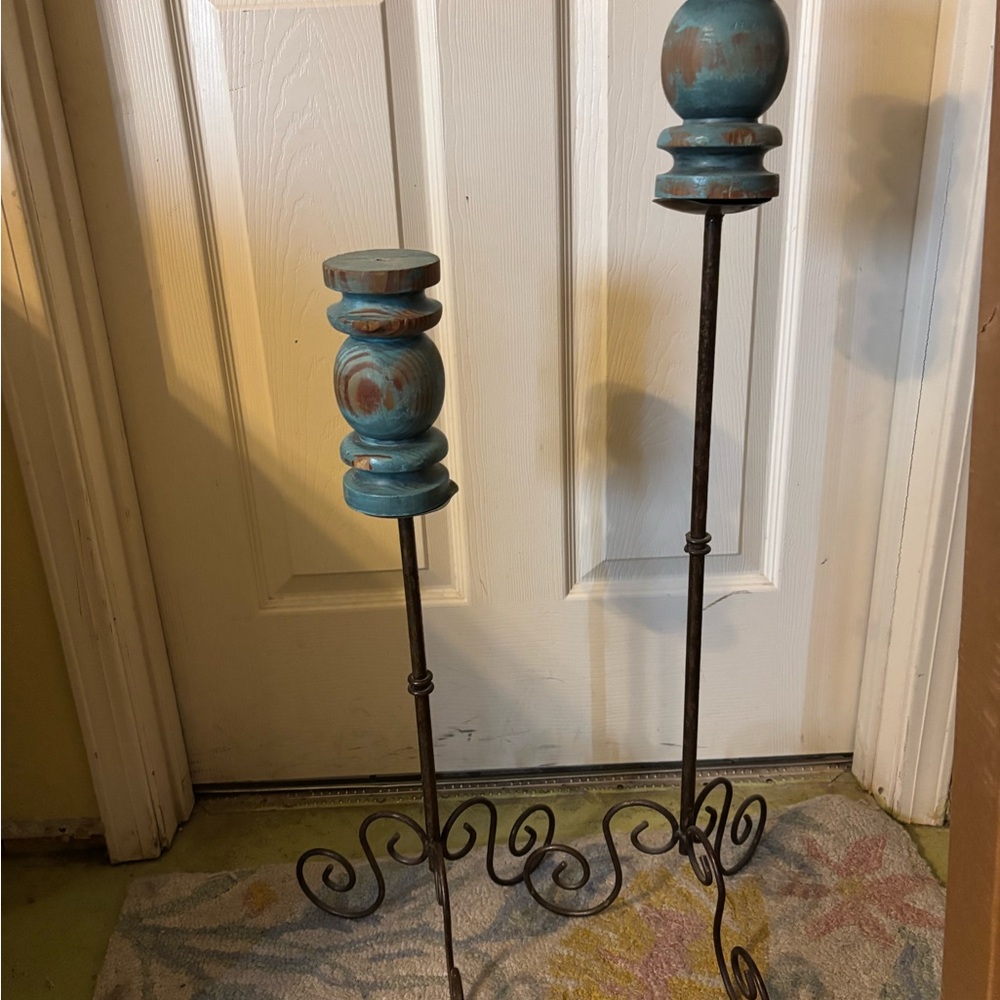 Vintage Hand Handcrafted Turquoise Wooden Candle Holder Pair by